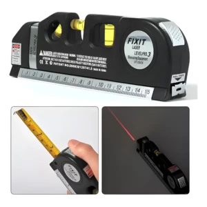 Nivel láser Fixit Levelpro 3 con cinta métrica y haz rojo, usado en proyectos de medición.