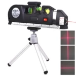 Nivel láser negro FIXIT LEVELPRO 3 con trípode plateado y rayo rojo.