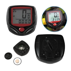 Odómetro de bicicleta negro con pantalla digital de 0.000 y 21:14. Incluye batería y base.