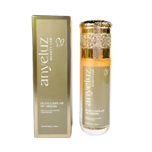Botella dorada Anyeluz Oleo Capilar Argan con tapa texturizada.