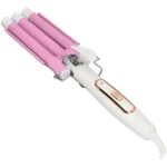 Onduladora de cabello profesional rosa con 3 tubos y detalles dorados.