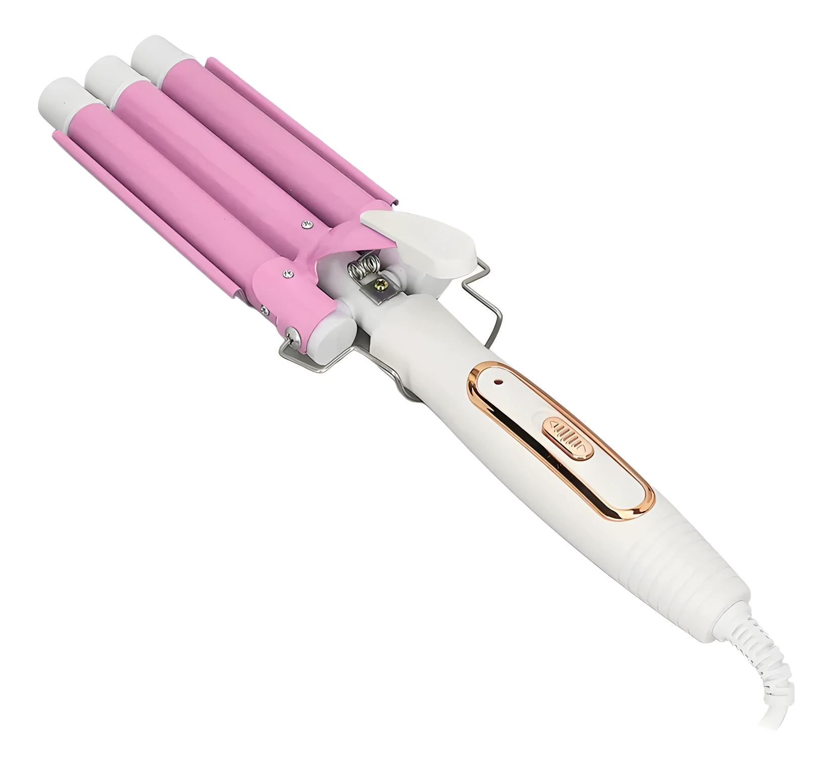 Onduladora de cabello profesional rosa con 3 tubos y detalles dorados.