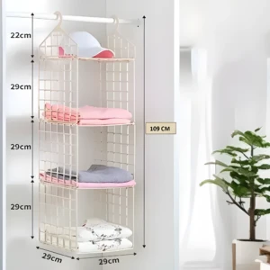 Organizador de clóset colgante de rejilla metálica color crema con 4 niveles, dimensiones totales de 109x29x29 cm y espacios de 29 cm entre repisas.