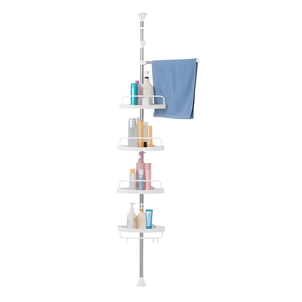 Organizador esquinero de baño con 4 repisas y toallero, ajustable, ideal para ducha.