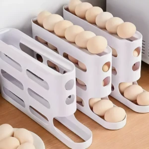 Organizadores de huevos blancos apilables, dispensador rodante para nevera y encimera.