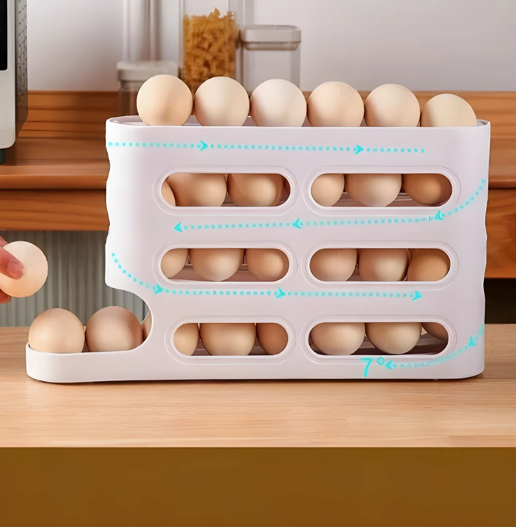 Organizador de huevos blanco de 3 niveles con diseño ventilado y flujo de aire visible en cocina.
