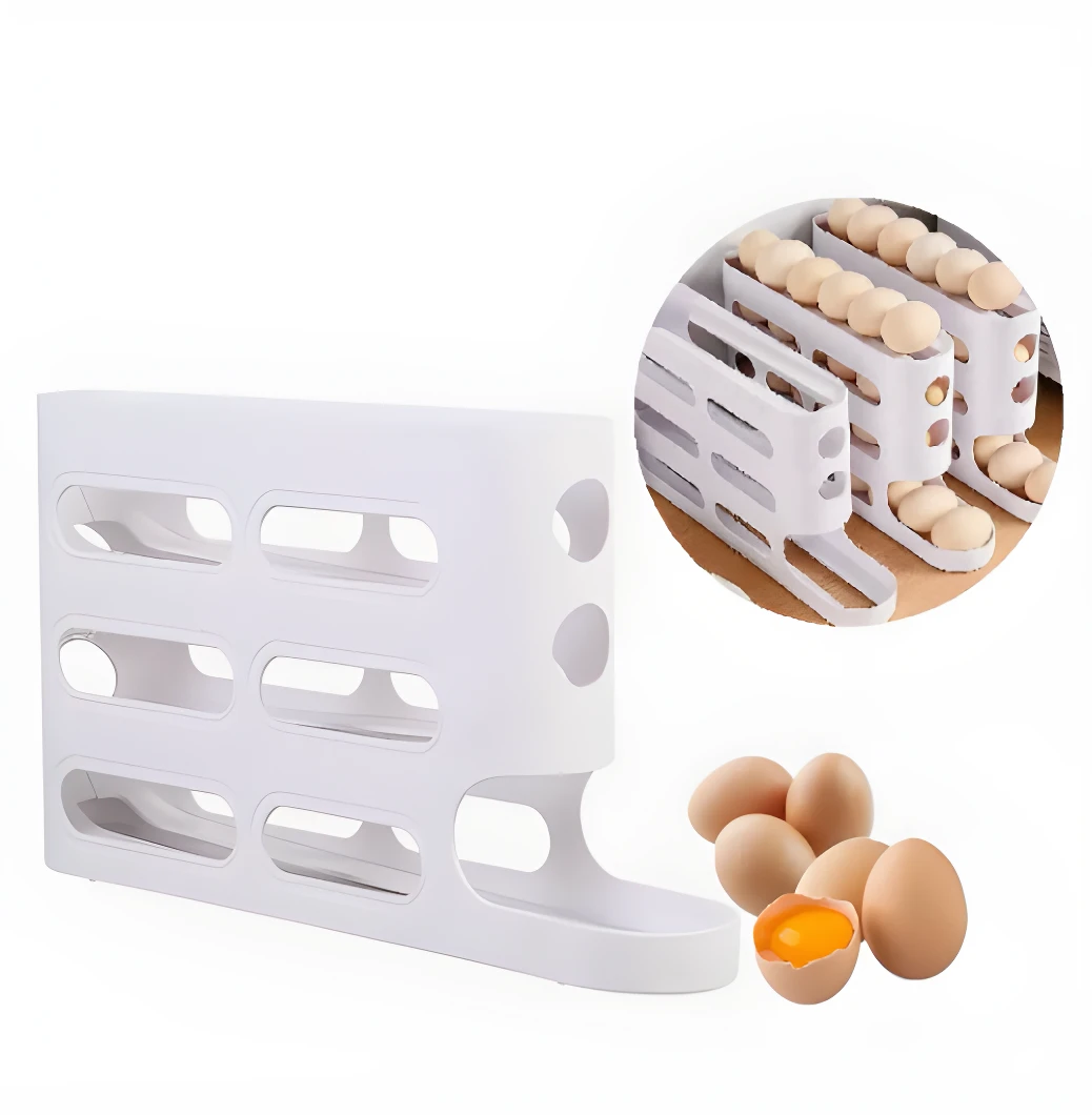 Organizador de huevos blanco con capacidad para 12 unidades, diseño de rodamiento automático para dispensar.