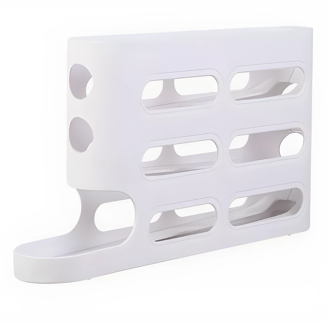 Organizador de huevos blanco para nevera, con capacidad para 6 unidades en cada fila y dispensador inferior.