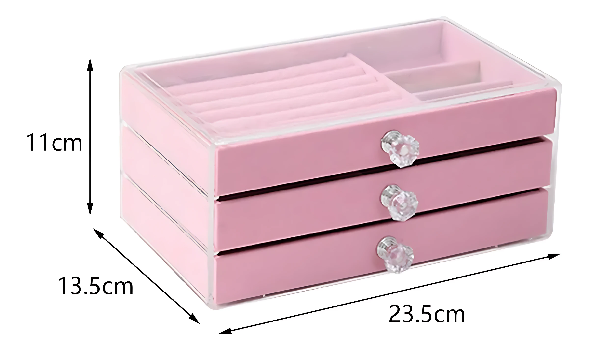 Organizador joyero portátil compacto rosado de 23.5cm x 13.5cm x 11cm con 3 cajones y 3 perillas de cristal.