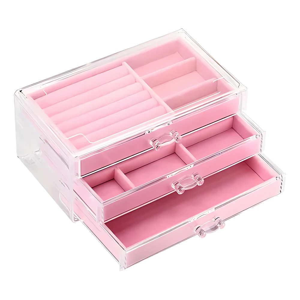 Joyero organizador compacto transparente con cajones rosados y compartimentos para anillos.