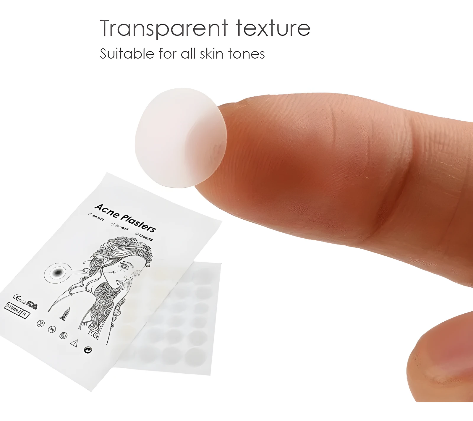 Parche transparente para acné en dedo, ideal para todo tono de piel, en empaque con diseño de mujer.