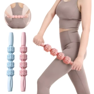 Palo rodillo masaje muscular con 4 esferas texturizadas, disponible en rosa y azul, ideal para drenaje linfático.