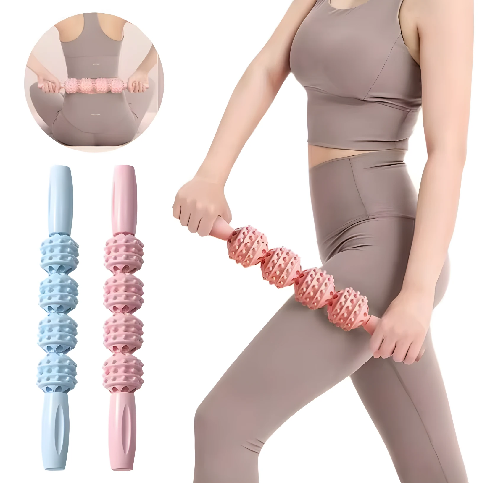 Palo rodillo masaje muscular con 4 esferas texturizadas, disponible en rosa y azul, ideal para drenaje linfático.