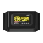 Paquete negro de pañitos húmedos para limpiar y abrillantar zapatos, marca Shoe Shine Wipes, 80 unidades.