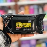 Pañitos limpiadores de zapatos "SHOE SHINE WIPES" x80 unidades, fórmula potente, en empaque negro.