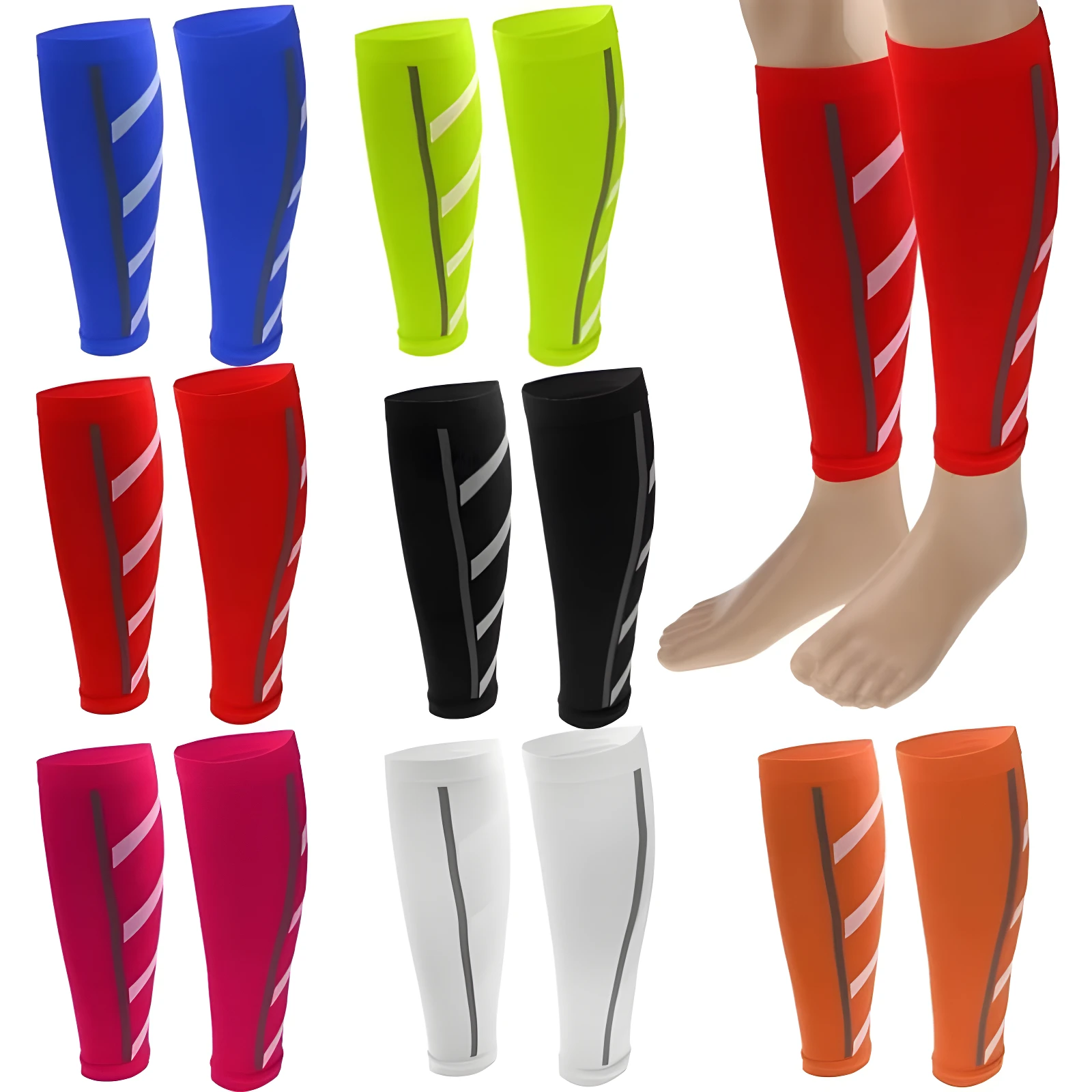Pantorilleras de compresión para running en varios colores: azul, verde, rojo, negro, rosa, blanco y naranja.