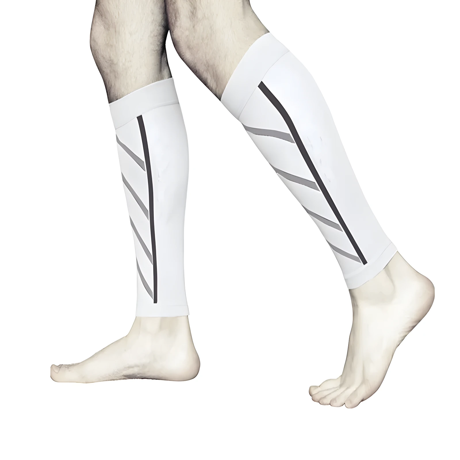 Pantorilleras de compresión blancas para running con diseño de franjas grises y negra, cubriendo parte de las piernas.
