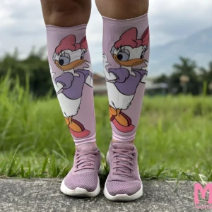 Pantorrilleras de compresión rosadas con diseño de Daisy para mujer, uso deportivo.