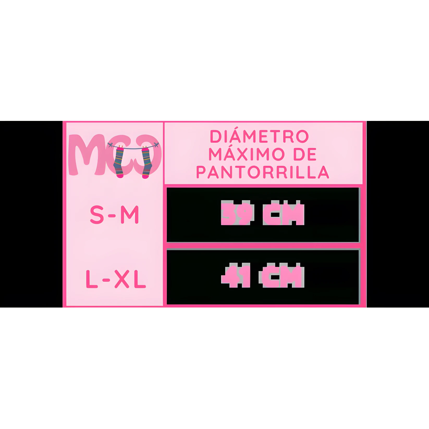 Pantorrilleras de compresión, guía de tallas S-M (39 cm) y L-XL (41 cm) con diseño de calcetines.