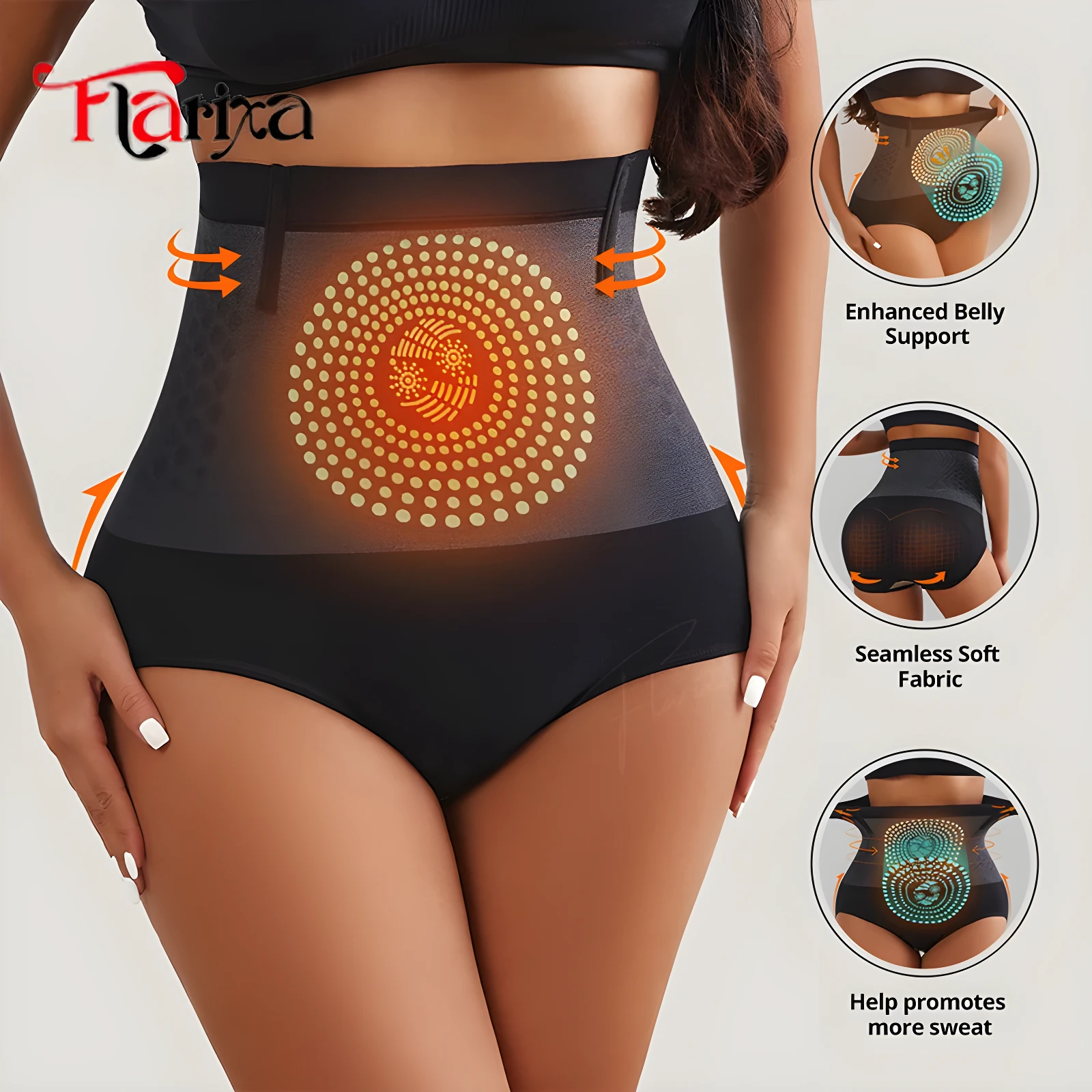 Panty faja alta control abdomen en negro con diseño de iones, soporte mejorado y tejido suave.