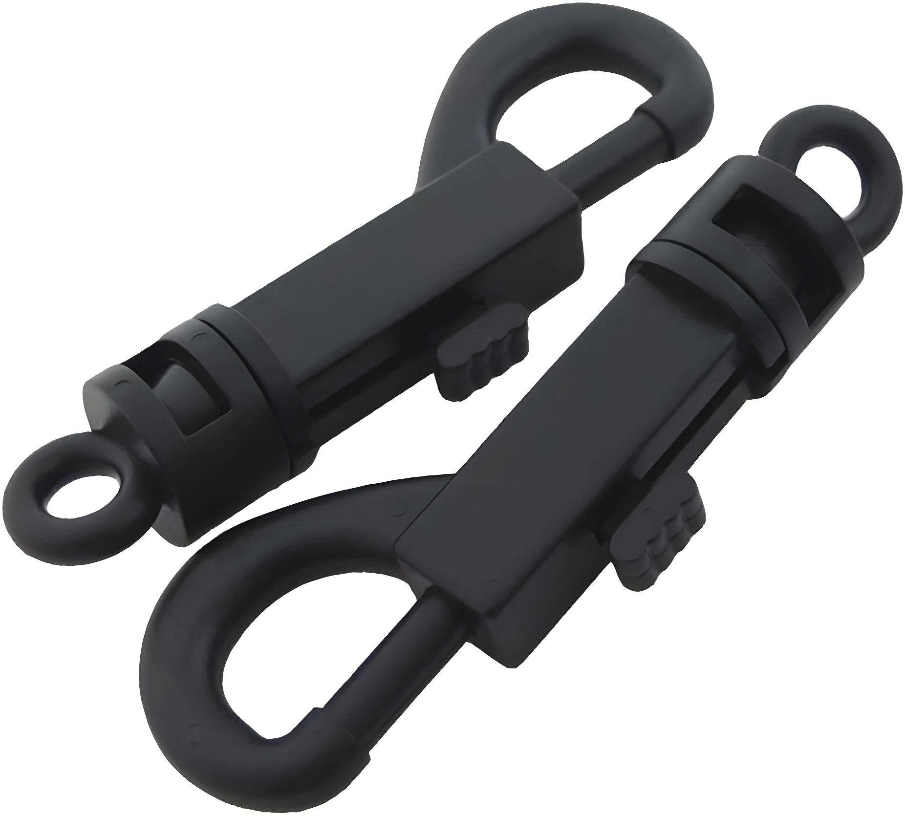 Paquete 5 ganchos giratorios plásticos negros con ojo de sujeción y cierre de seguridad.