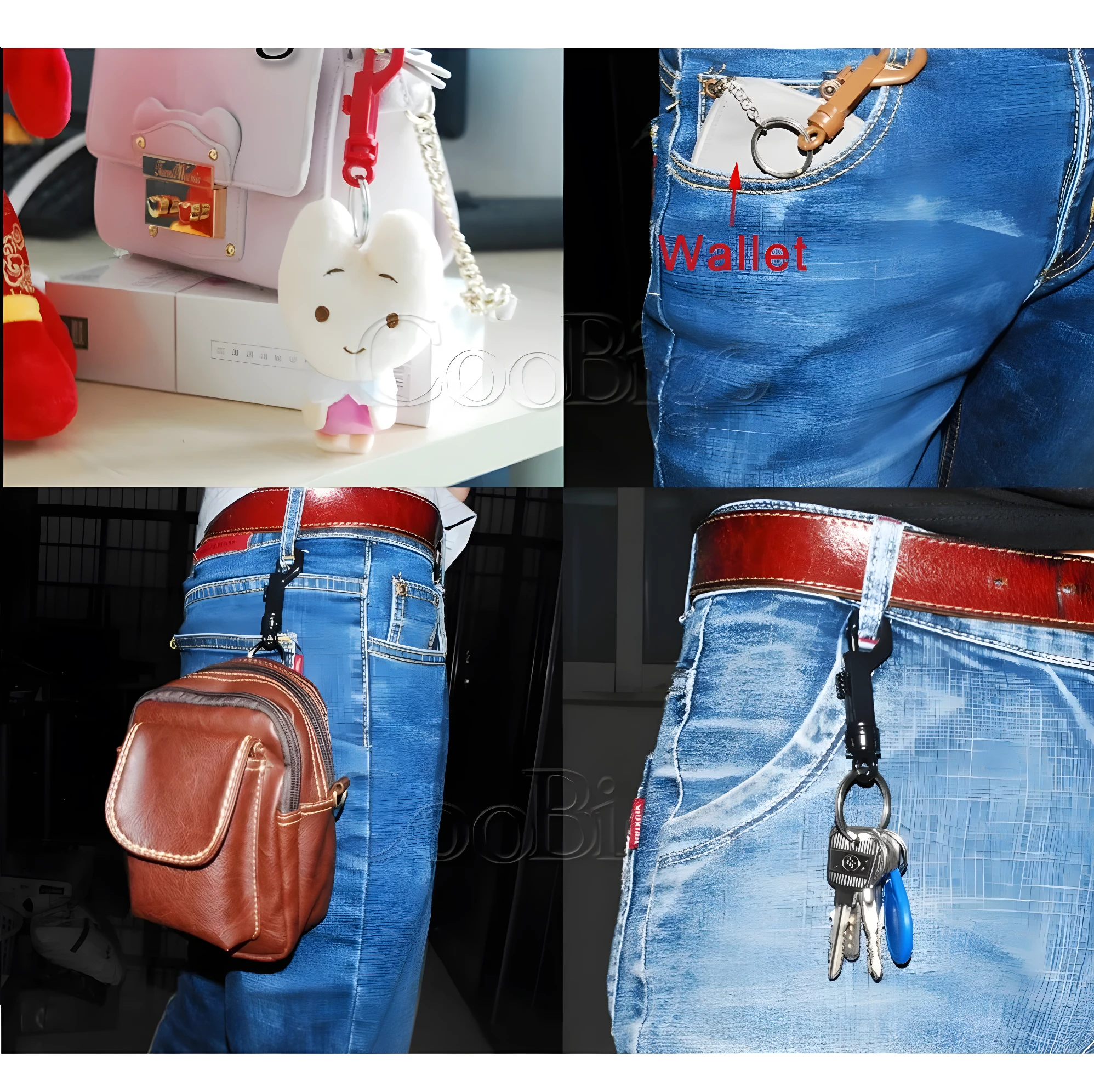 Ganchos giratorios plásticos, varios colores, para bolsos, billetera y llavero.