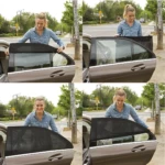 Mujer instala parasol de malla negra en ventana de auto gris, protección solar.