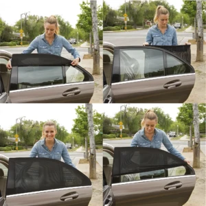 Mujer instala parasol de malla negra en ventana de auto gris, protección solar.