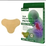 Parches cervicales para alivio del dolor de cuello, forma anatómica color piel, caja verde con diseño de cuello y vértebras.
