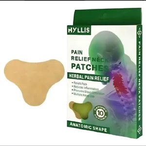 Parches cervicales para alivio del dolor de cuello, forma anatómica color piel, caja verde con diseño de cuello y vértebras.