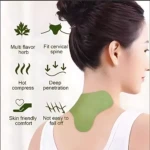 Parches cervicales verdes terapéuticos para aliviar dolor, con iconos de hierbas, compresa caliente, ajuste cervical y comodidad.