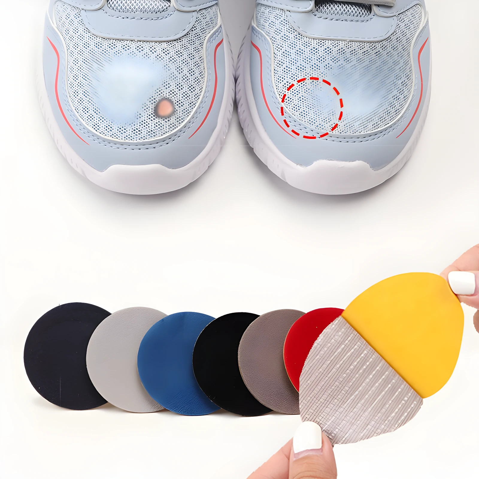 Set x2 parches reparadores adhesivos para zapatos, gris texturizado y amarillo, para cubrir roturas.