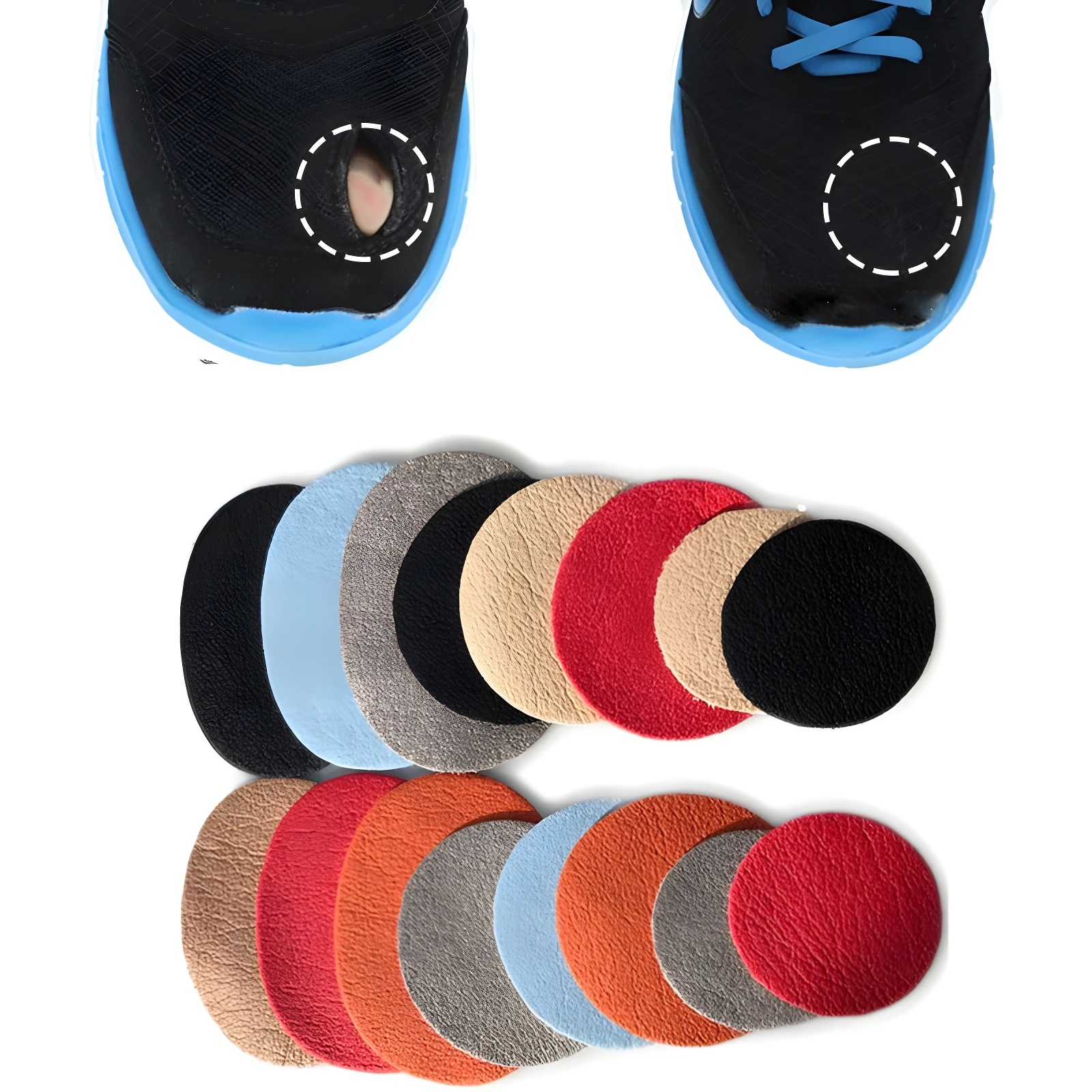 Parches circulares adhesivos para reparar zapatos rotos. Variedad de colores: negro, azul, gris, beige y rojo.