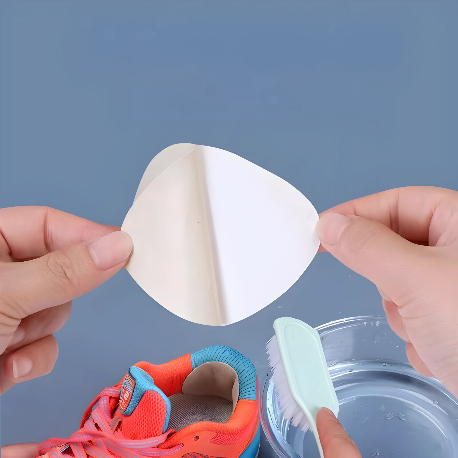 Parches reparadores adhesivos color blanco para calzado, uno en mano y otro en zapato.