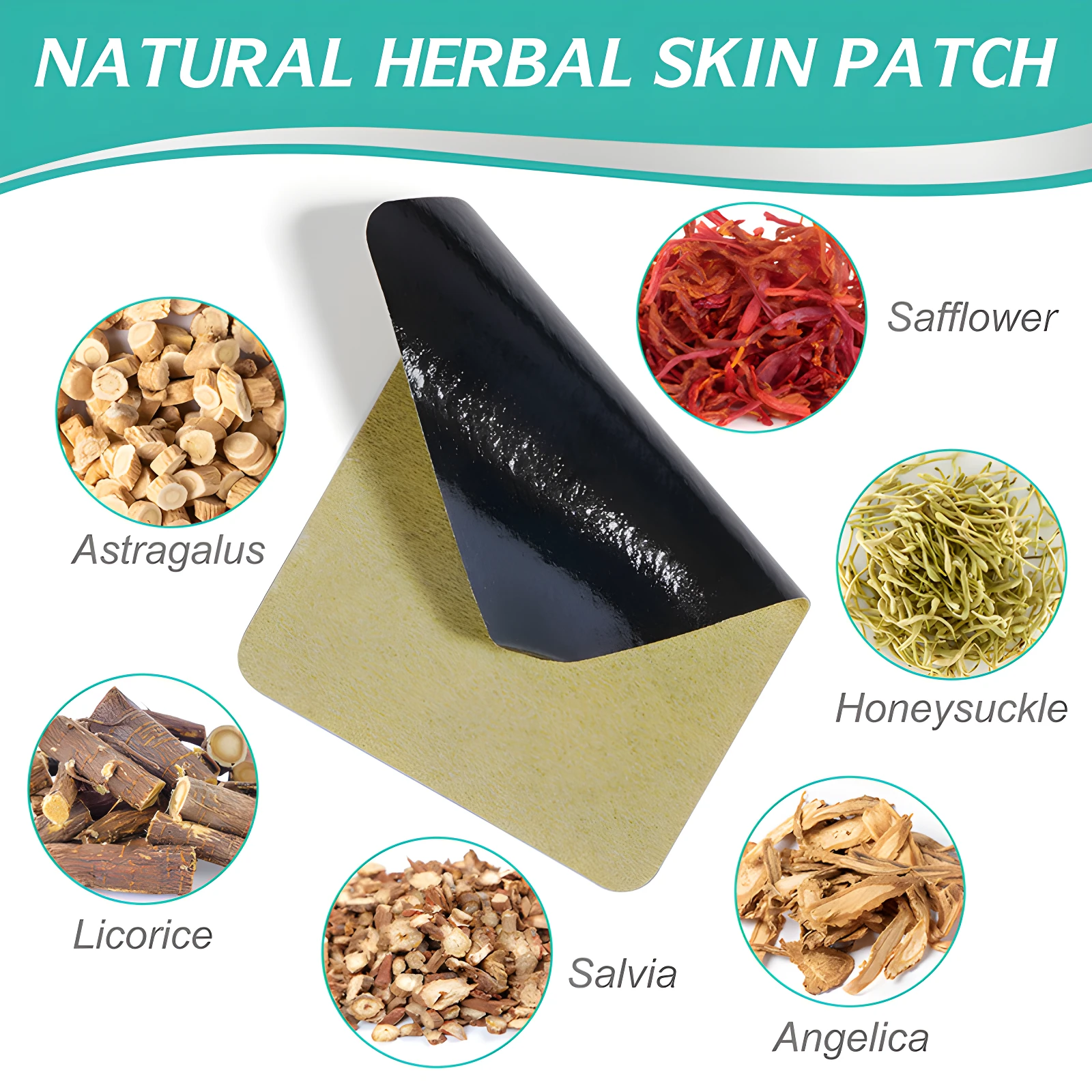 Parche para varices negro y beige con hierbas: astrágalo, safflower, madreselva, regaliz y salvia.