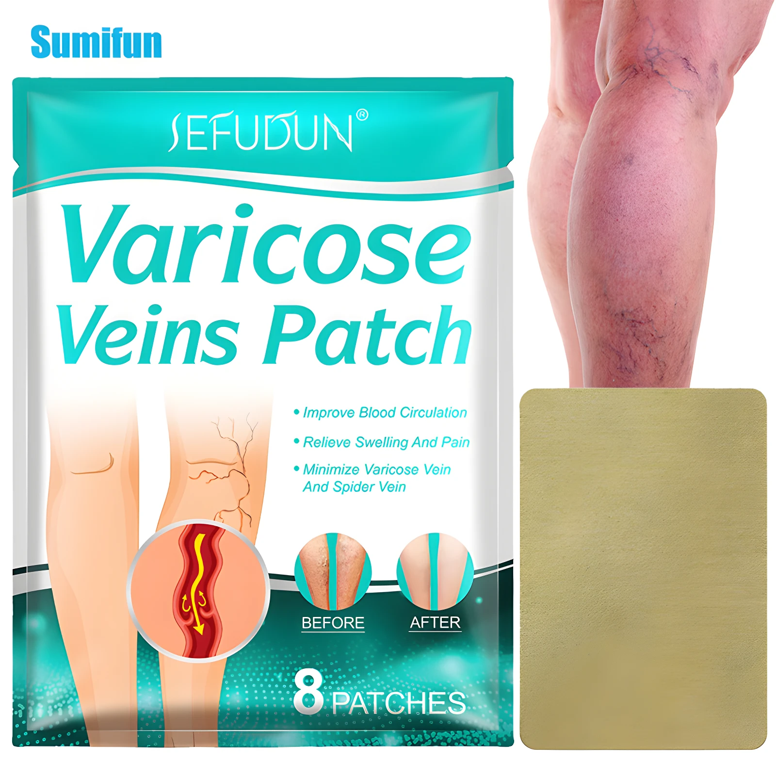 Parche para varices Sumifun. Tratamiento para mejorar circulación y aliviar dolor en piernas. Incluye 8 parches.