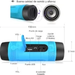 Parlante Bluetooth azul, linterna, puerto Micro SD y USB, medidas 156x51mm. Ideal para exteriores.