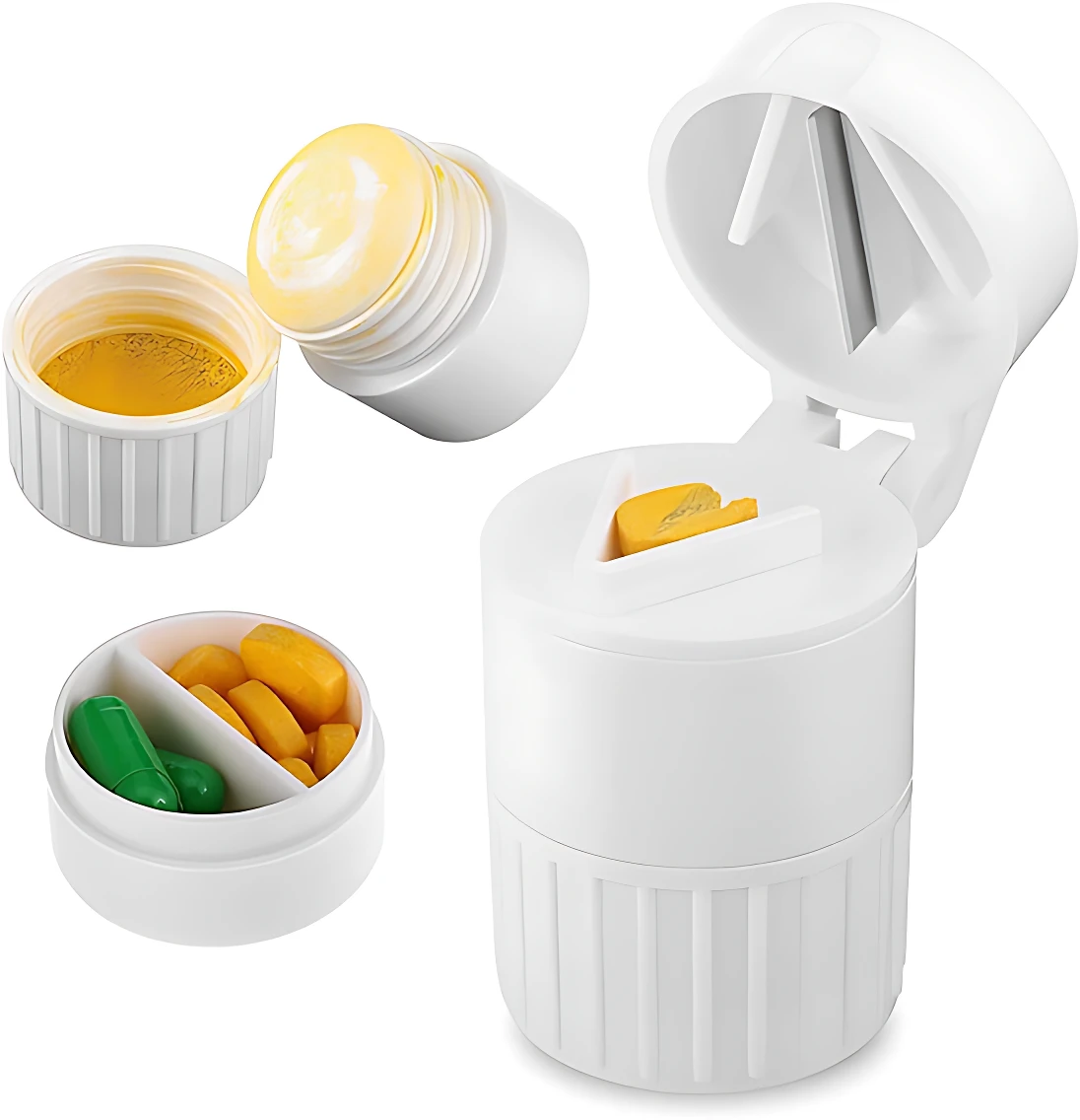 Pastillero circular blanco con cortador y compartimentos para organizar pastillas y cápsulas verdes.