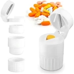 Pastillero circular blanco con cortador y compartimentos, ideal para organizar y dividir medicamentos.