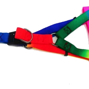 Pechera para mascotas con diseño arcoíris, ajustable y resistente.