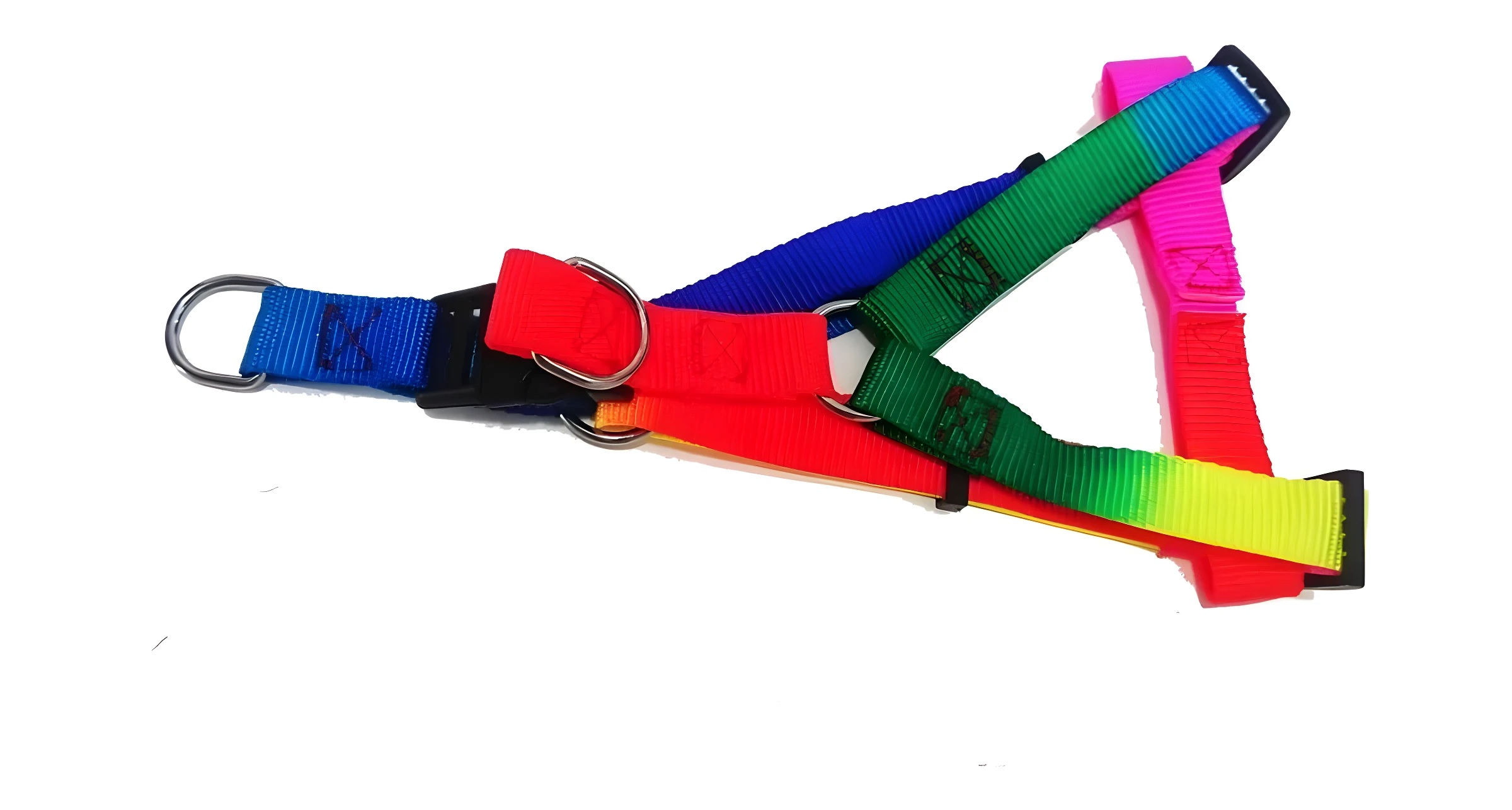 Pechera para mascotas con diseño arcoíris, ajustable y resistente.