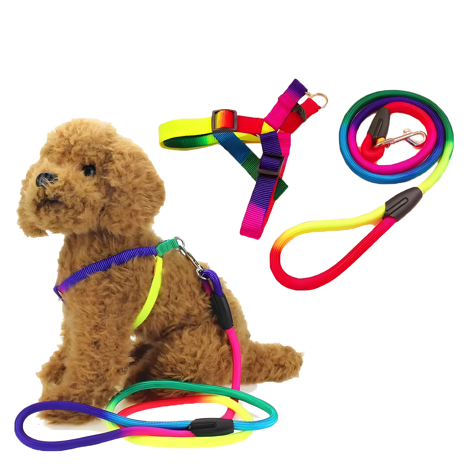 Pechera y cuerda para mascotas estilo arcoíris, en peluche canino.