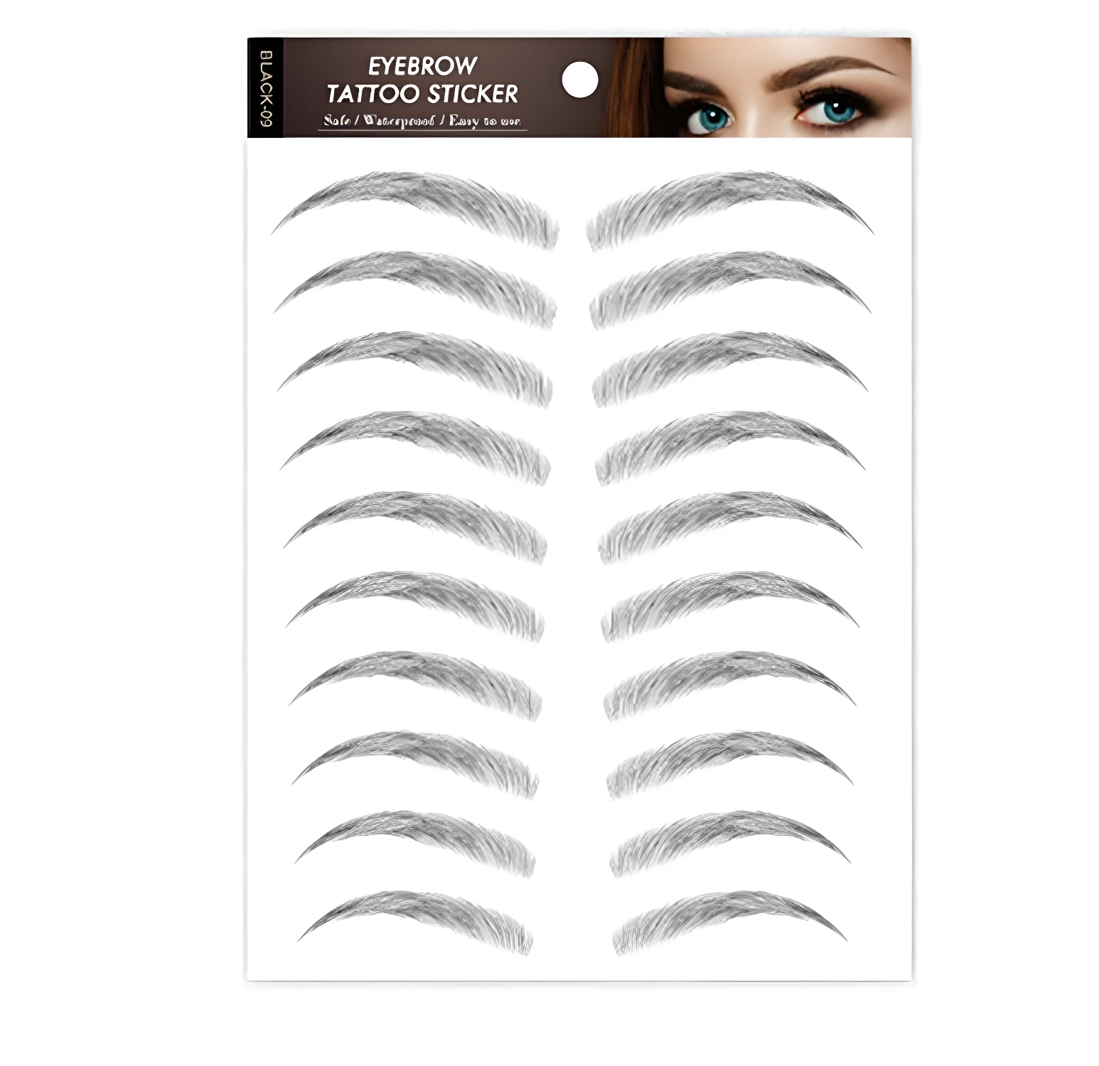 Pegatina de cejas falsas estilo realista, tono gris, pack doble para aplicación segura y fácil.