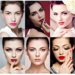 Collage de seis modelos con maquillaje de ojos y labios vibrantes, destacando diferentes estilos y colores.