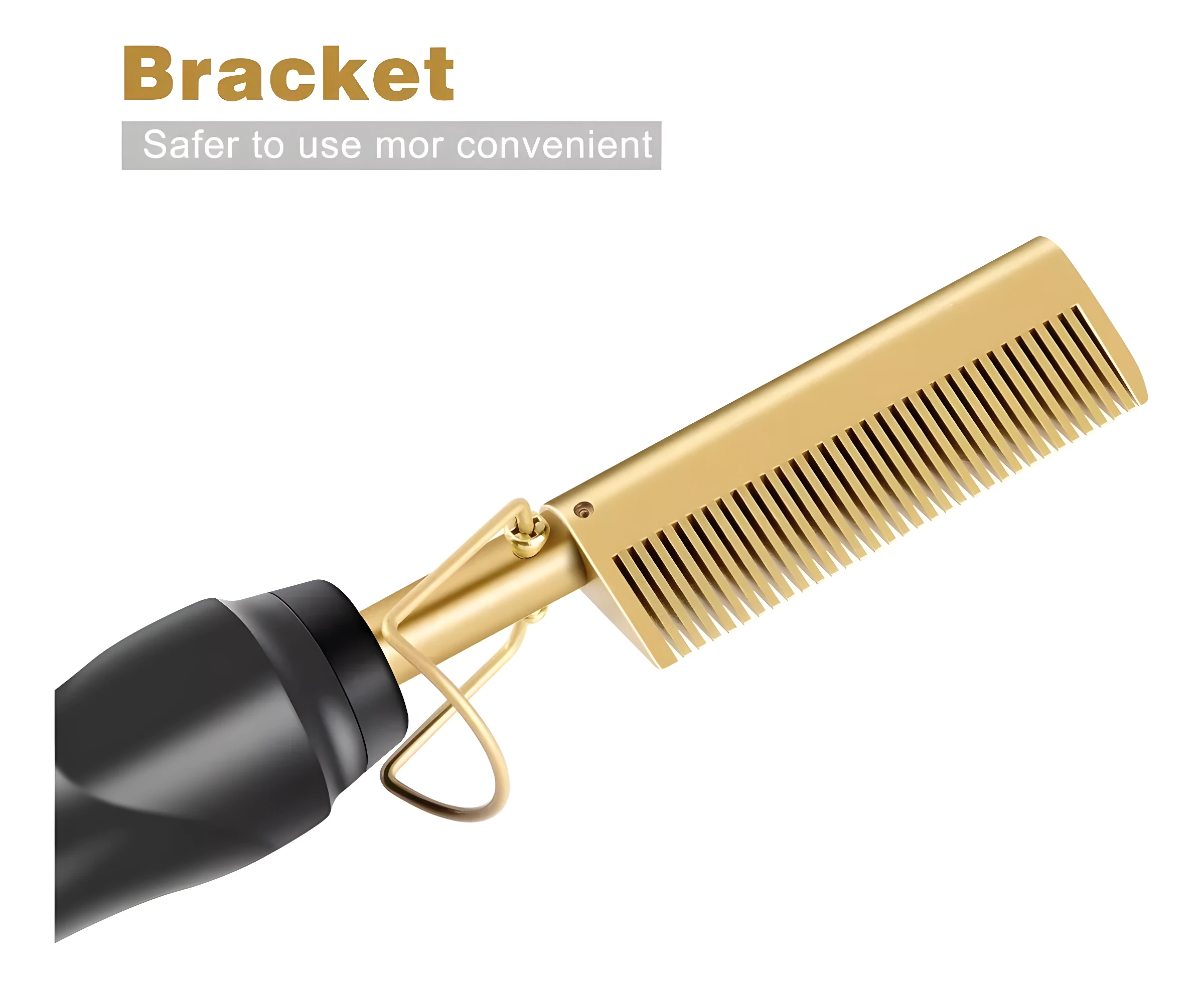 Detalle del cepillo alisador de cabello con acabado dorado, enfocado en el soporte metálico integrado para apoyar la herramienta de forma segura.