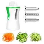 Pelador rallador de verduras blanco y verde, 3 cuchillas intercambiables, con espiral de zanahoria, flor de pepino y espagueti de pepino.