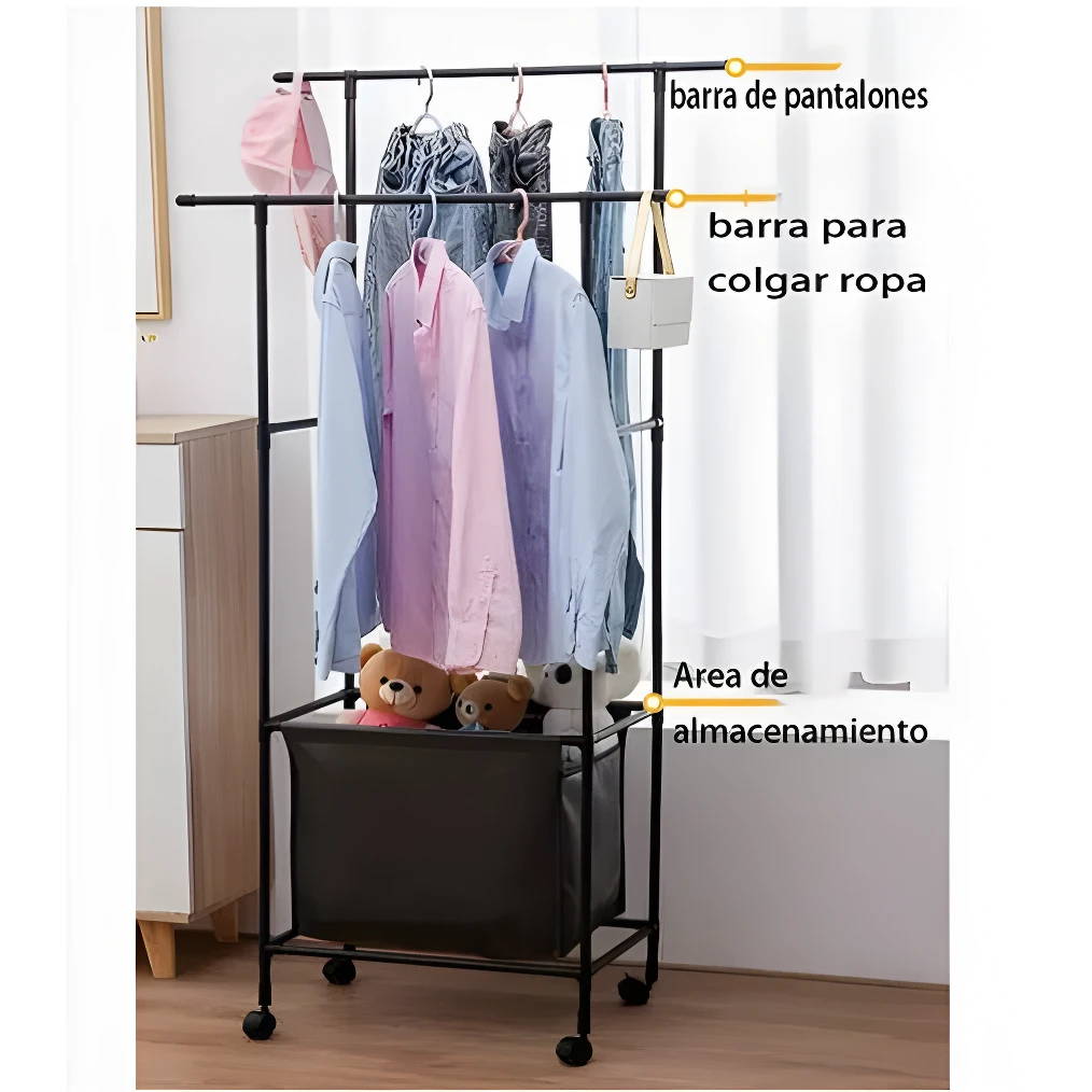 Perchero organizador negro con barra superior para pantalones y barra inferior para colgar ropa. Incluye canasta inferior y osos de peluche.