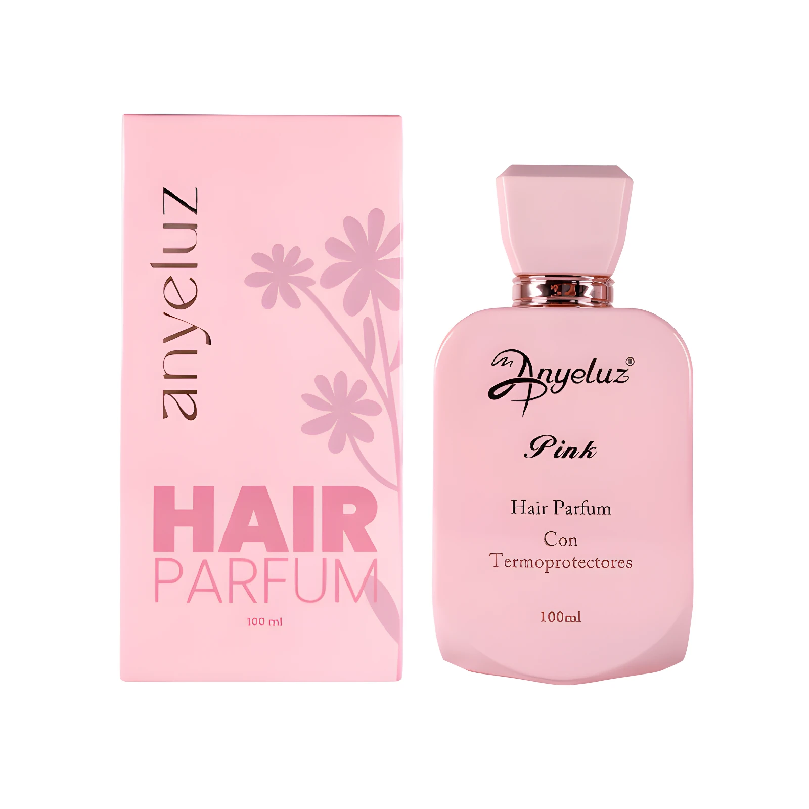 Perfume capilar Anyeluz Pink en envase rosado, incluye caja con diseño floral y detalles del producto.