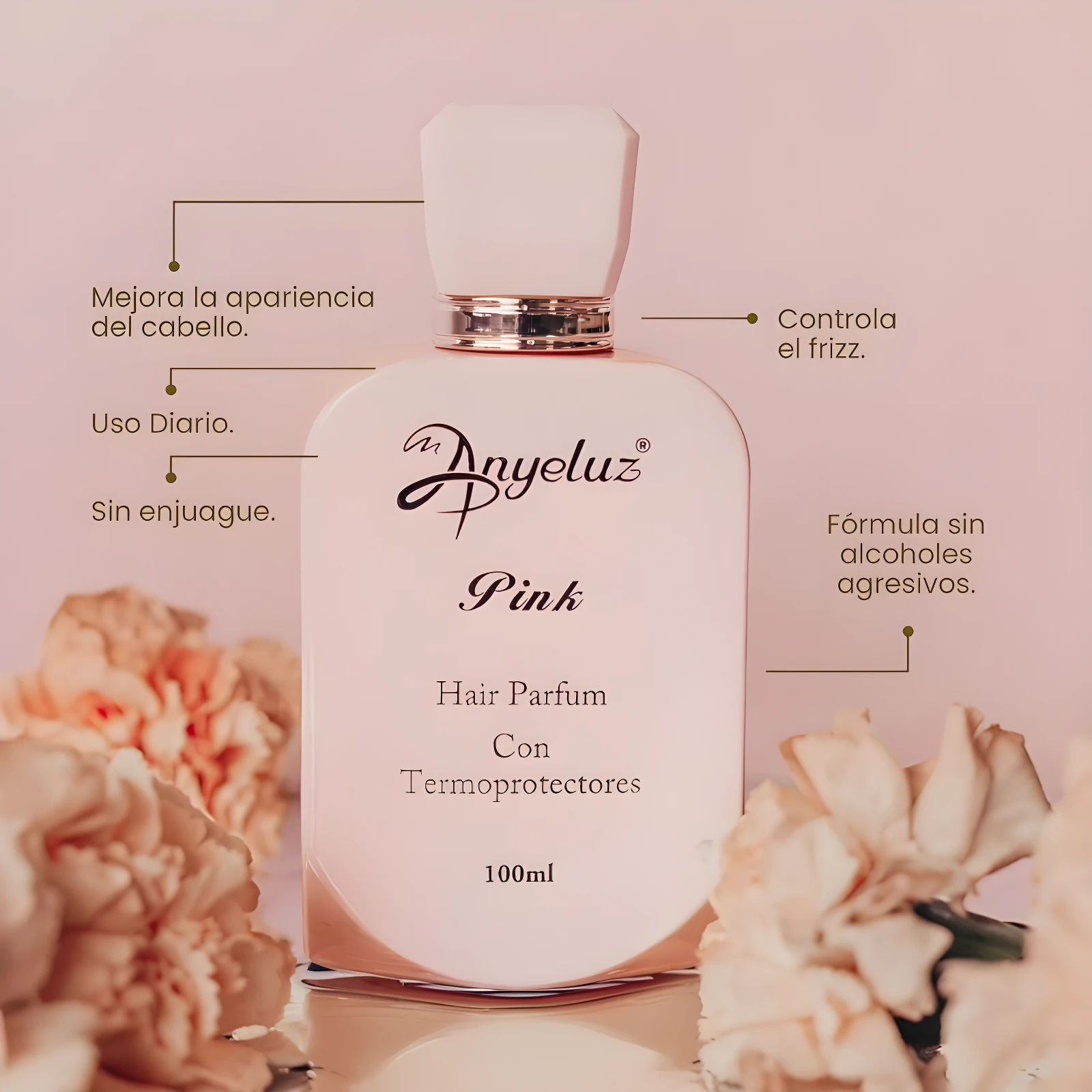Perfume capilar Anyeluz Pink 100ml, fórmula sin alcoholes, mejora el cabello y controla el frizz.