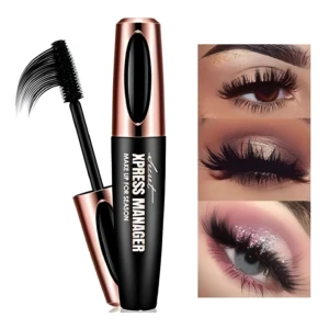 Pestañina negro Xpress Manager con cepillo aplicador y acabado voluminoso, junto a ojos maquillados.